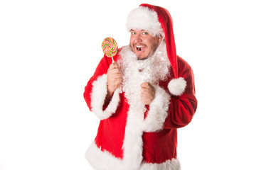 Funny santa and candy. White background. 