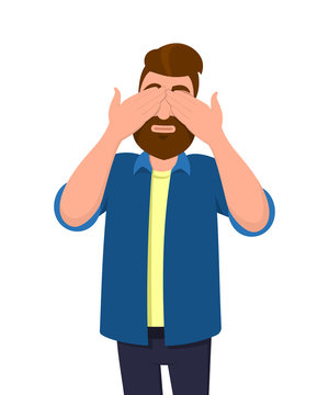 Man covering/closing his eyes with hands and making a don't see gesture. Man does not want to see. Concept illustration in vector cartoon flat style.