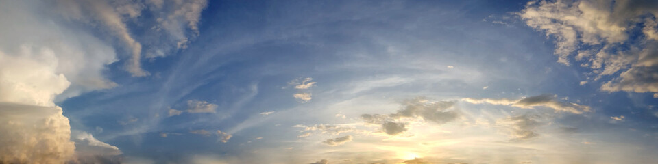 Naklejka na ściany i meble Dramatic panorama sky with cloud on twilight time. Panoramic image.