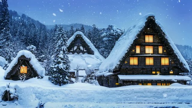 Snowfall in Shirakawa-go village in winter, UNESCO world heritage sites, Japan.