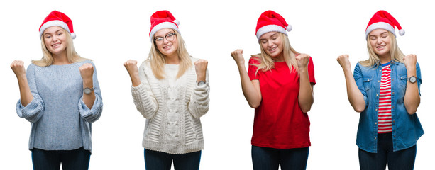 Collage of young beautiful blonde woman wearing christmas hat over white isolated backgroud very happy and excited doing winner gesture with arms raised, smiling and screaming for success. Celebration