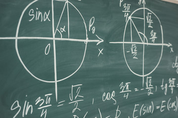 School math lesson. Trigonometry. Chalkboard Function graphs. - obrazy, fototapety, plakaty