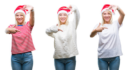 Collage of beautiful blonde woman wearing christmas hat over isolated background smiling making frame with hands and fingers with happy face. Creativity and photography concept.