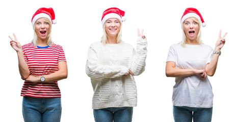 Fototapeta premium Collage of beautiful blonde woman wearing christmas hat over isolated background smiling with happy face winking at the camera doing victory sign. Number two.