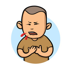 Young guy coughing blood. Colorful flat vector illustration. Isolated on white background.