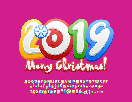 Vector Kids Greeting Card Merry Christmas 2019. Colorful Children Alphabet. Bright Font