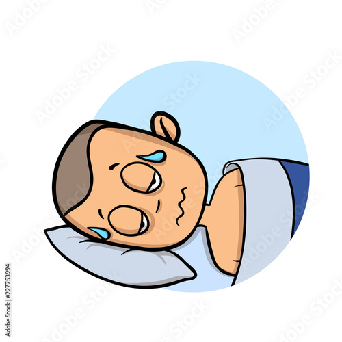 "Young man soaked in sweat lying in his bed. Cartoon design icon