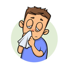 Running nose. Sick boy with a handkerchief. Cartoon design icon. Colorful flat vector illustration. Isolated on white background.