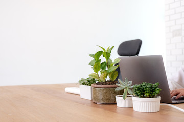 Closeup image of hands using and typing on laptop keyboard on wooden table in office