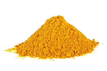 Pile of powder from turmeric root isolated on white background. Organic food.