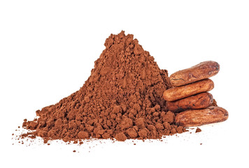 Cacao beans and powder isolated on white background