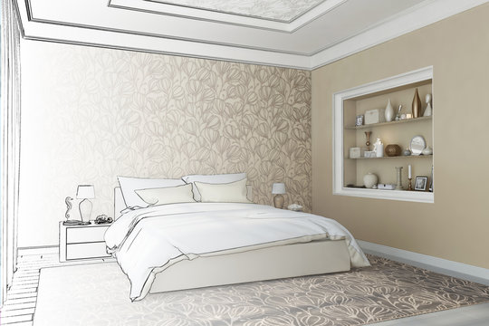 3d illustration. The sketch of the bedroom turns into a real interior