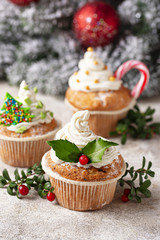 Christmas festive cupcake with different decorations