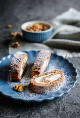 Walnut meringue roulade with mascarpone filling