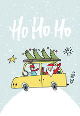 Hohoho - hand drawn Christmas illustration with handdrawn lettering and Santa on the car with Christmas tree. - 227755709