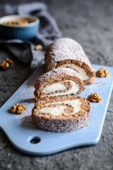 Walnut meringue roulade with mascarpone filling