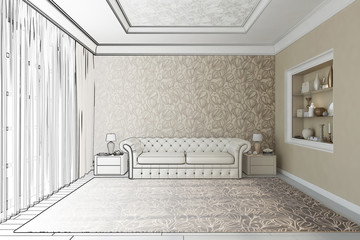 3d illustration. Sketch of living room turns into a real interior