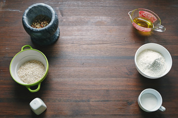 top view table with ingredients for cooking and copy space for text 