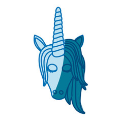 blue silhouette of front face of female unicorn with closed eyes and mane