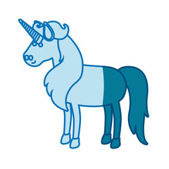 blue silhouette of cartoon unicorn standing with long mane