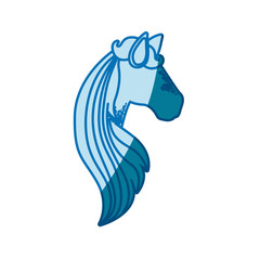 blue silhouette of faceless side view of female horse with long striped mane
