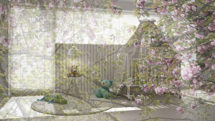Transparent floral background, over white child bedroom with canopy crib, minimal concept interior design