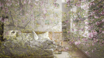 Transparent floral background, over scandinavian minimal bright bedroom, concept ecological interior design