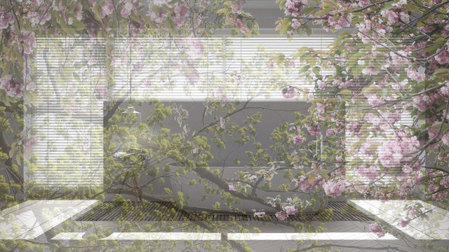 Fototapeta Transparent floral background, over scandinavian bathroom, white minimalistic concept interior design