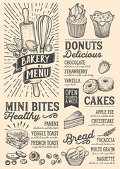 Bakery menu food template for restaurant with doodle hand-drawn graphic.