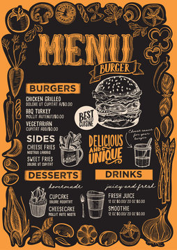Burger menu template for restaurant on blackboard.
