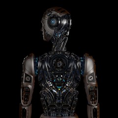 Robot Man or very detailed futuristic cyborg with uncovered internal body parts. Isolated on black background. Back view. 3D Render.