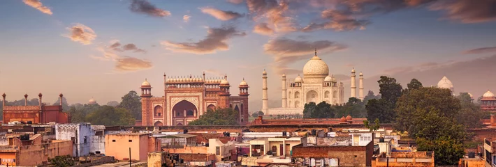 Crédence de cuisine en verre imprimé Brun Panorama du Taj Mahal vue sur les toits d& 39 Agra