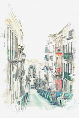 A watercolor sketch or an illustration. View of the beautiful street with houses, road and cars parked on it in Lisbon in Portugal. Traditional European architecture.