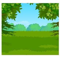 Landscape with forest on the horizon and green grass meadow. Vector cartoon close-up illustration.