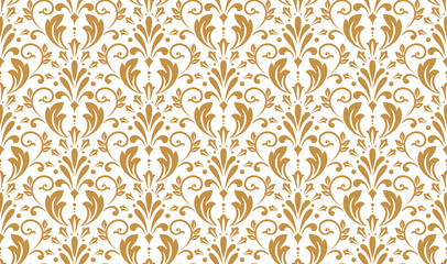 Wallpaper in the style of Baroque. Seamless vector background. White and gold floral ornament. Graphic pattern for fabric, wallpaper, packaging. Ornate Damask flower ornament