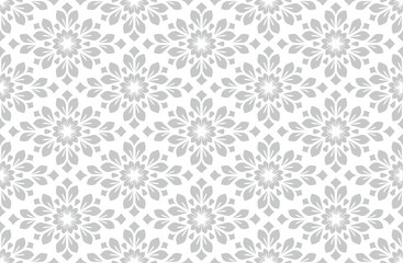 Flower geometric pattern. Seamless vector background. White and grey ornament. Ornament for fabric, wallpaper, packaging. Decorative print.