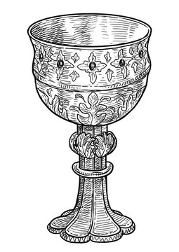 Medieval cup illustration, drawing, engraving, ink, line art, vector