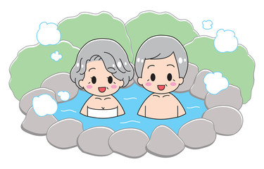 An old couple entering a hot spring