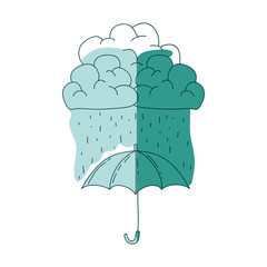 watercolor silhouette of umbrella with cloud and rain on aquamarine