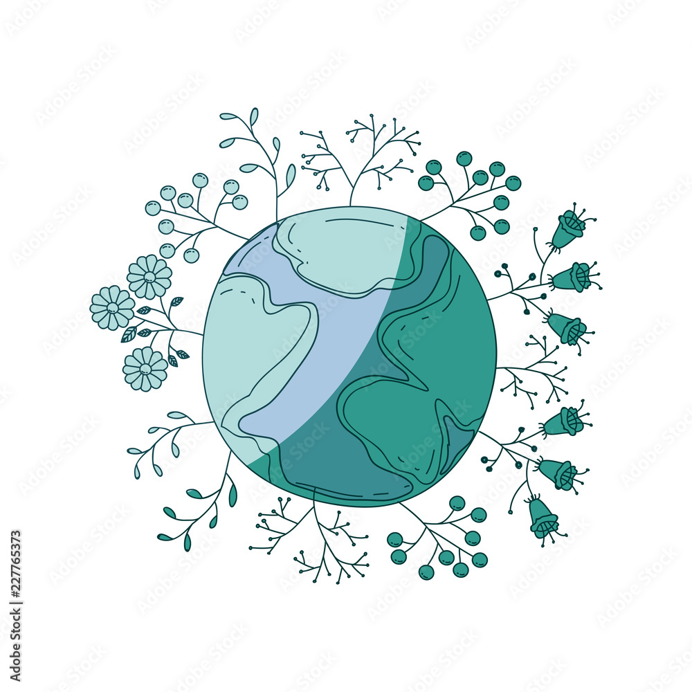 Poster watercolor silhouette of planet earth surrounded by plants and trees on aquamarine