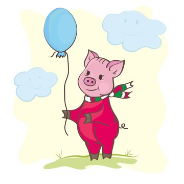 cute piggy with a ball in overalls and a scarf next to the clouds smiling at him