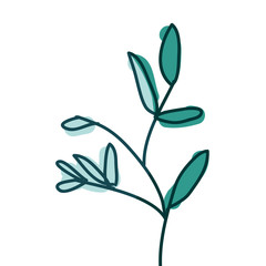 watercolor hand drawn silhouette of branch with leaves on aquamarine