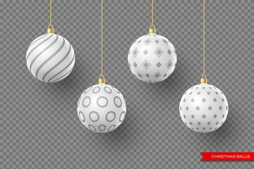 3d Christmas white balls with geometric pattern. Decorative elements for holiday new year design. Isolated on transparent background. Vector illustration.