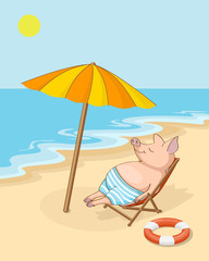 Obraz na płótnie Canvas Happy piglet on the beach