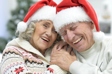 Portrait of a senior couple in Santa hats - Powered by Adobe