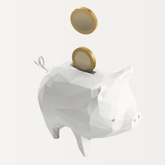 Light white piggy bank and coins. Income and taxes concept