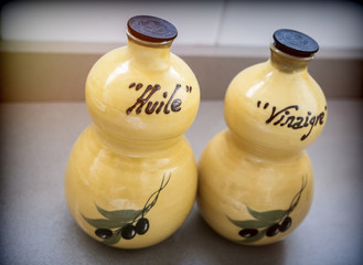 Containers of ceramics of oil and vinegar in a kitchen