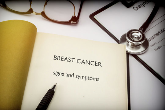  Breast cancer Symptoms and signs, book together to form of diagnosis, conceptual image