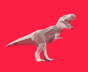 White Low Poly Vector Dinosaur Polygonal Tyrannosaurus on Red 3D Rendering
