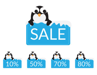 Set of Cute Penguins behind a Blue sign with snow, discounts and sale text